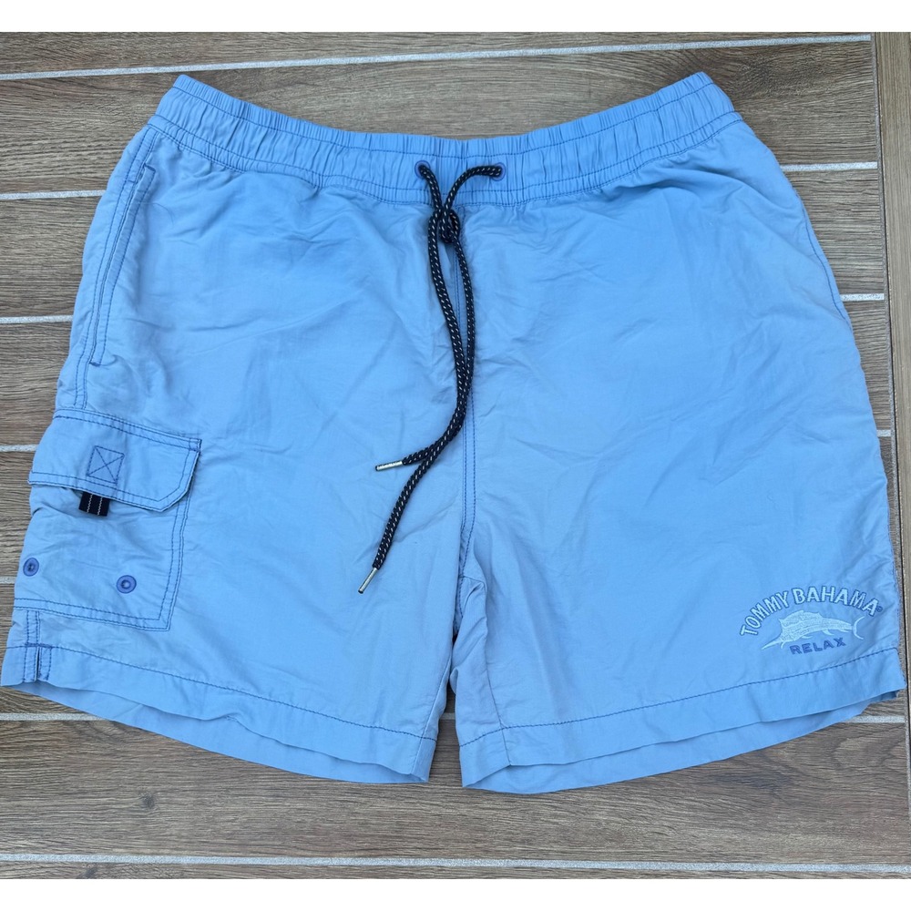 Tommy Bahama Relax Swim Trunks Mens Medium Blue Pockets Logo Embroidered Fish